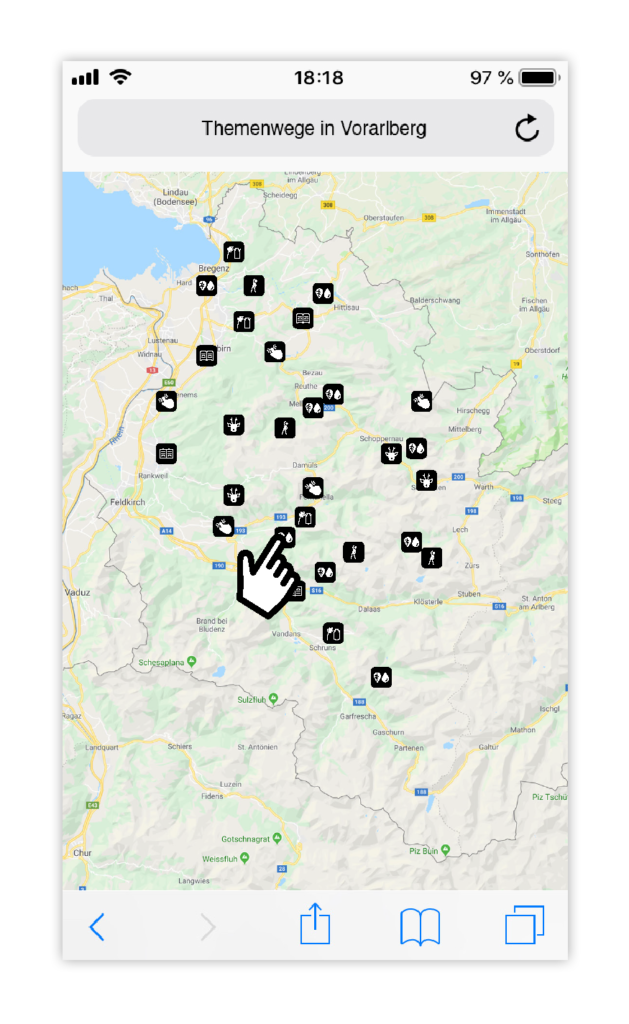 Screenansicht Mobil vom Zeichensystem für Lehrpfade in Vorarlberg
